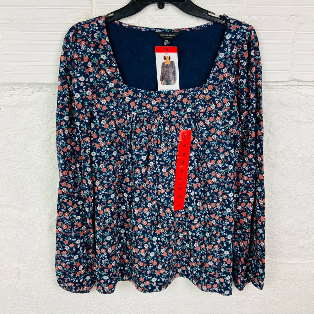 NWT Lucky Brand Navy Floral boho peasant long sleeve cotton Blouse size medium
